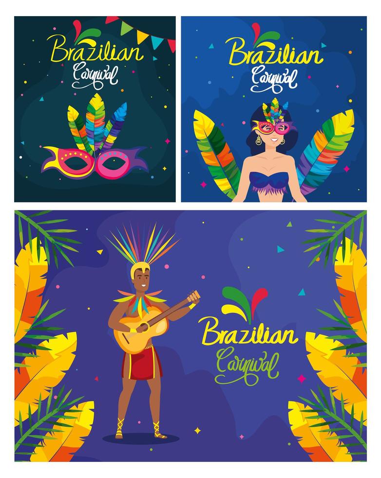 set poster of brazil carnival with decoration vector