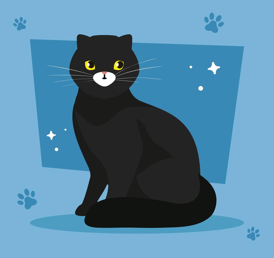 lindo gato negro en fondo azul con huellas de patas vector