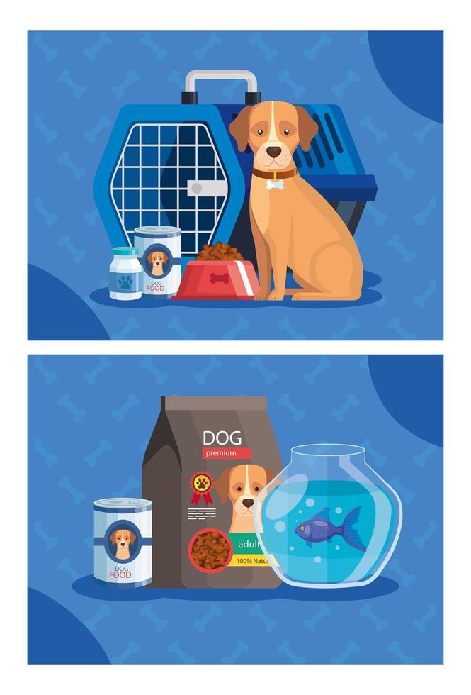 Establecer cartel de tienda de mascotas con iconos vector