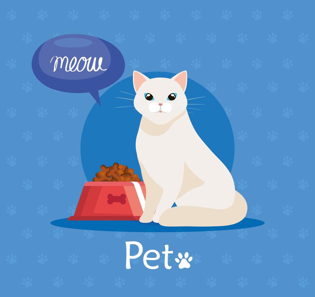 Lindo gato con plato de comida en el fondo de pawprints vector