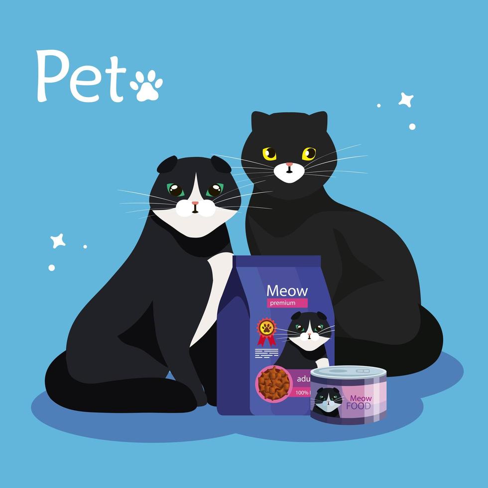 group of cats with food in bag and can isolated icon vector