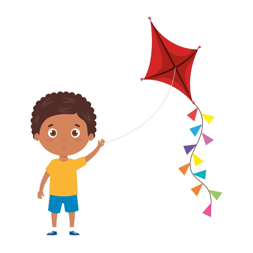 cute little boy afro with kite isolated icon vector