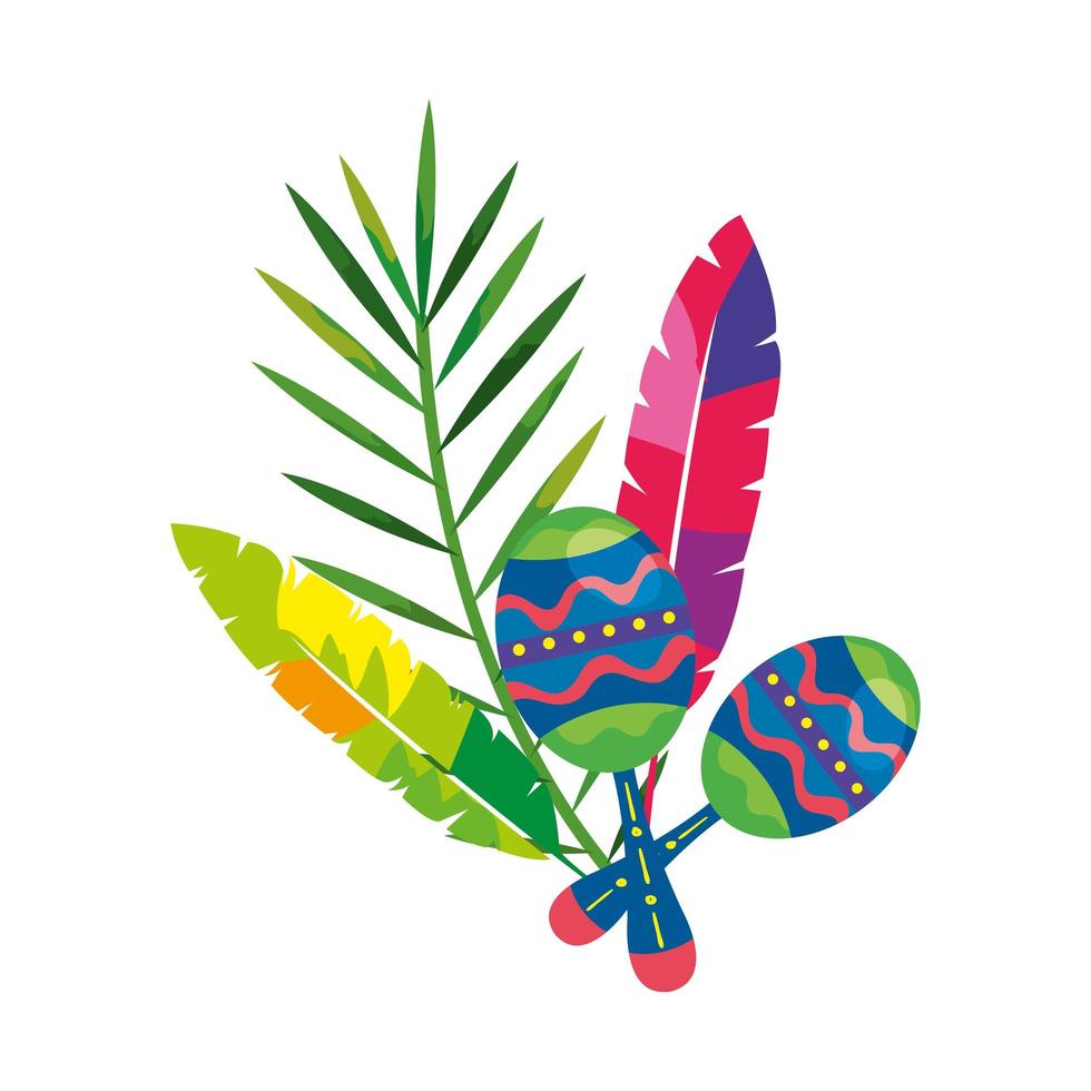 maracas with exotic feathers and tropical leaf vector