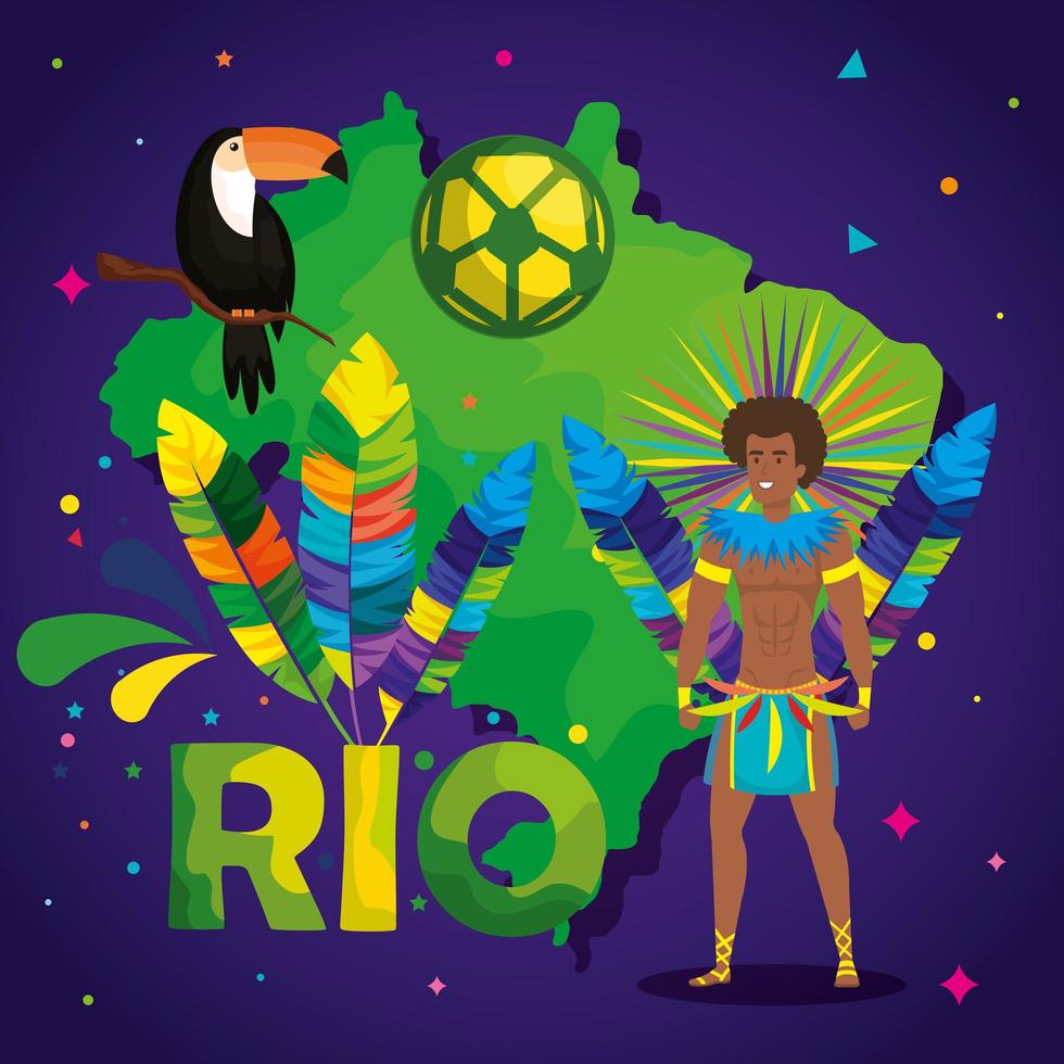 cartel de carnaval de rio con bailarina exótica hombre e iconos tradicionales vector