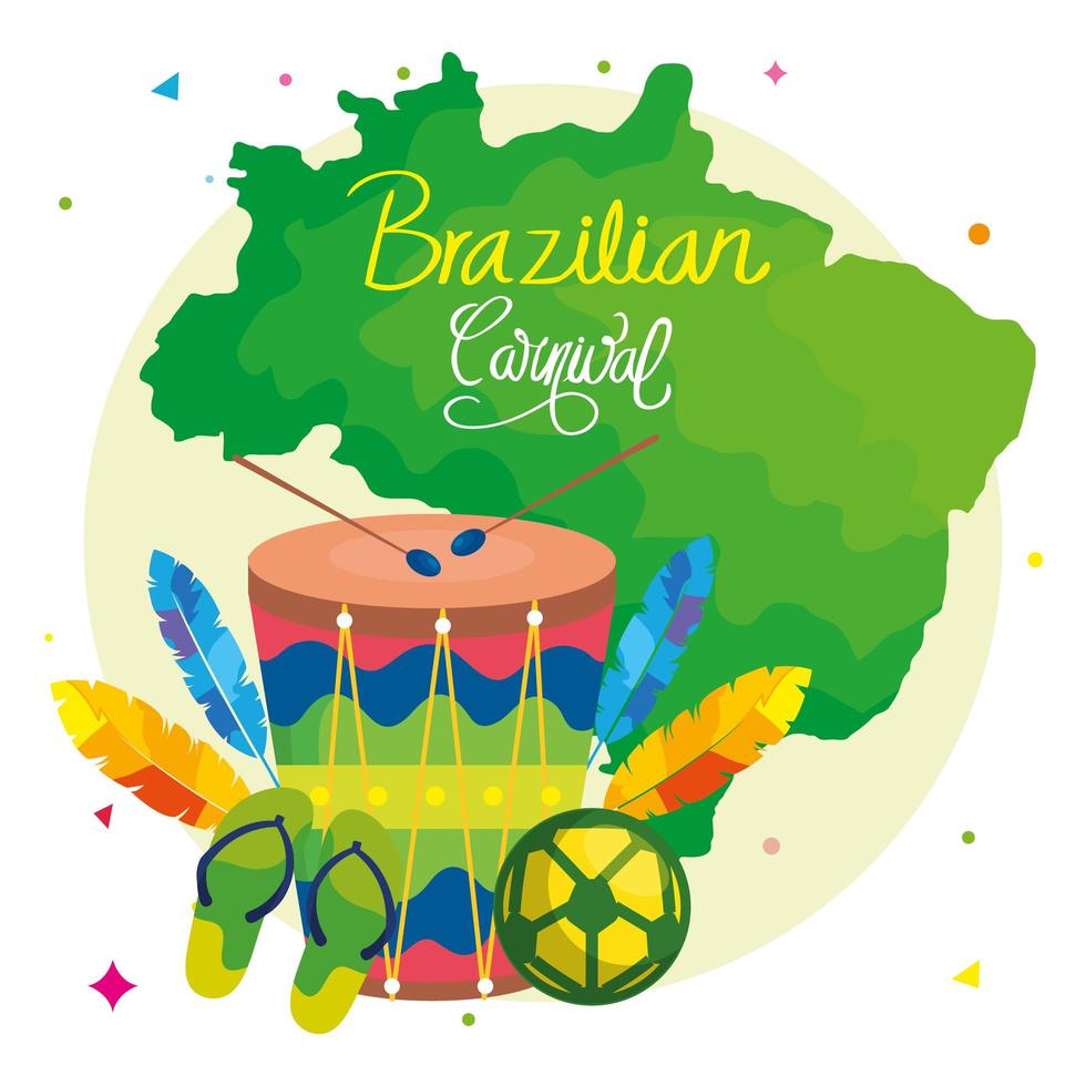 cartel de carnaval brasileño con tambor e iconos tradicionales vector