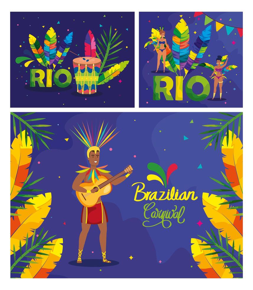 set poster of brazil carnival with decoration vector