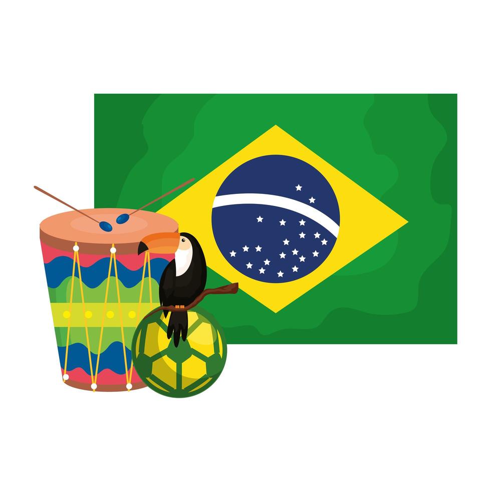 tucán e iconos con bandera de brasil vector