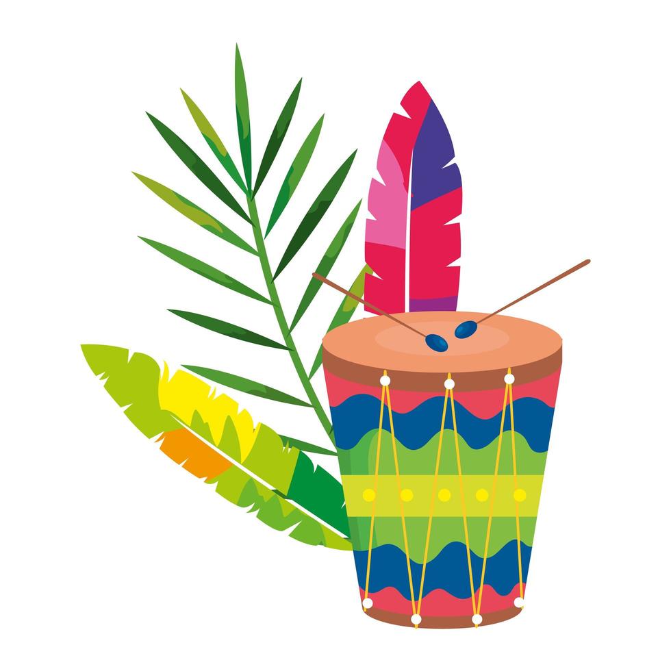 tambor con plumas exóticas y hojas tropicales vector