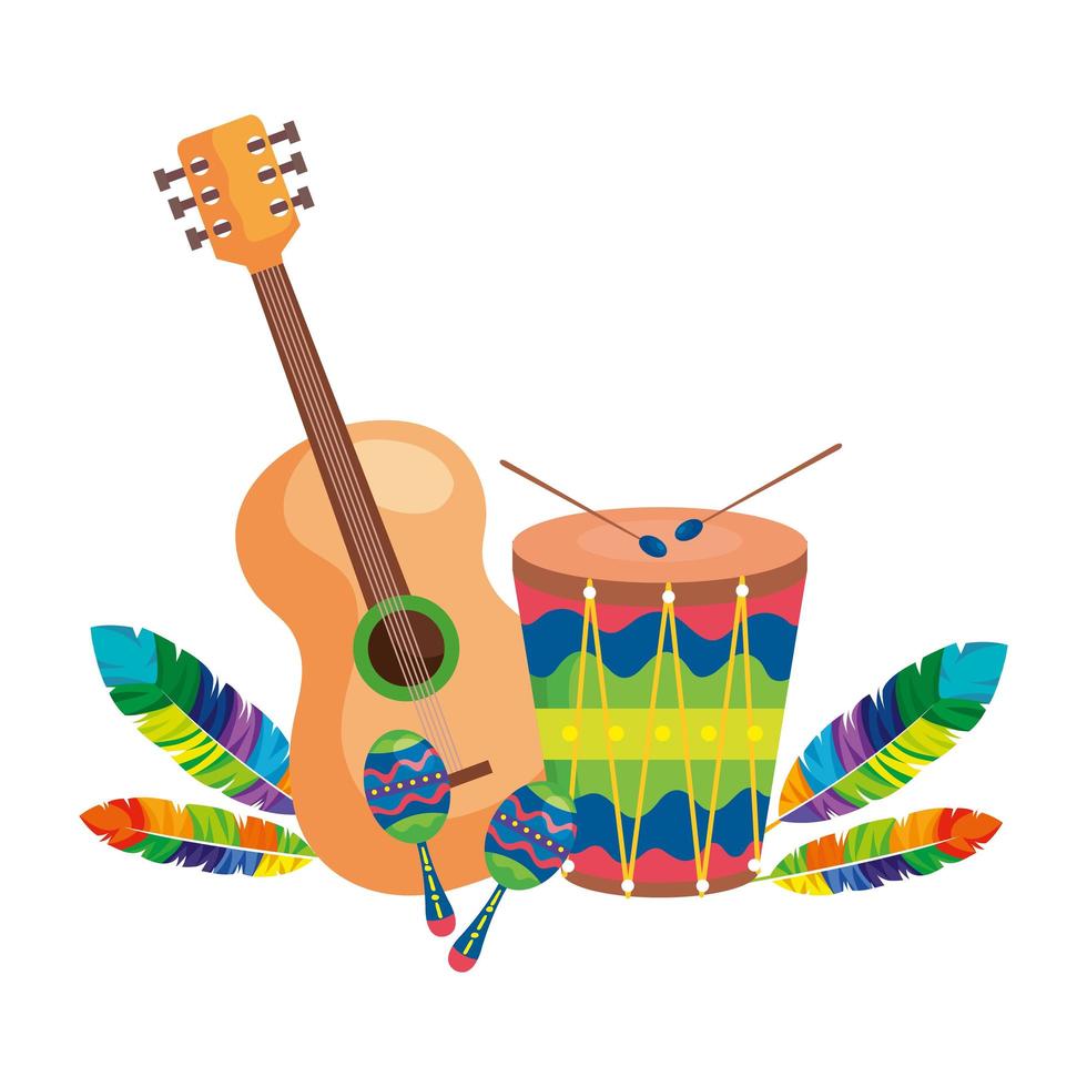 Guitarra con tambor y maracas icono aislado vector