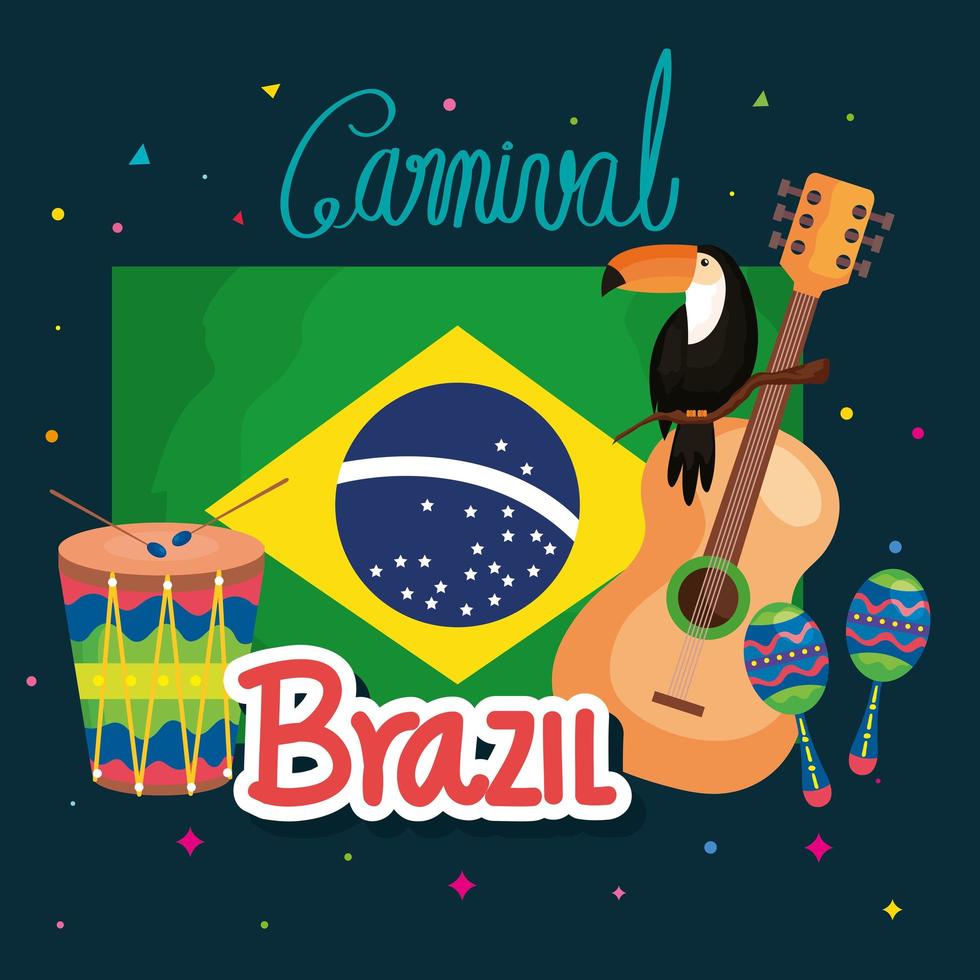 cartel de carnaval brasileño con bandera e iconos tradicionales vector