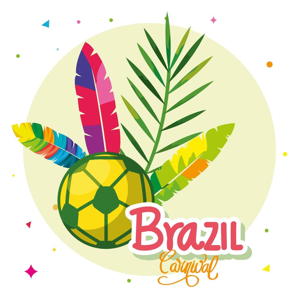 Cartel del carnaval de Brasil con balón de fútbol y decoración. vector