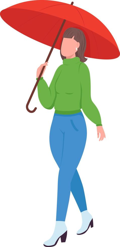Woman under umbrella semi flat color vector character