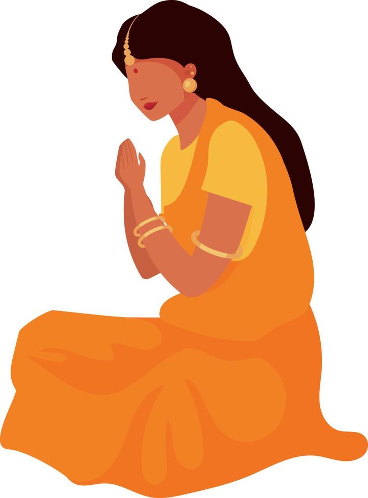 mujer en sari rezando carácter vectorial de color semi plano vector