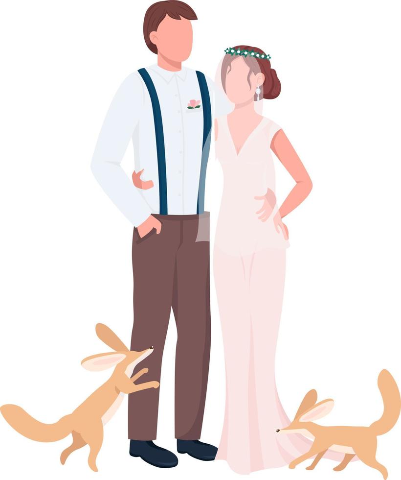 Newlyweds with cute pets semi flat color vector characters