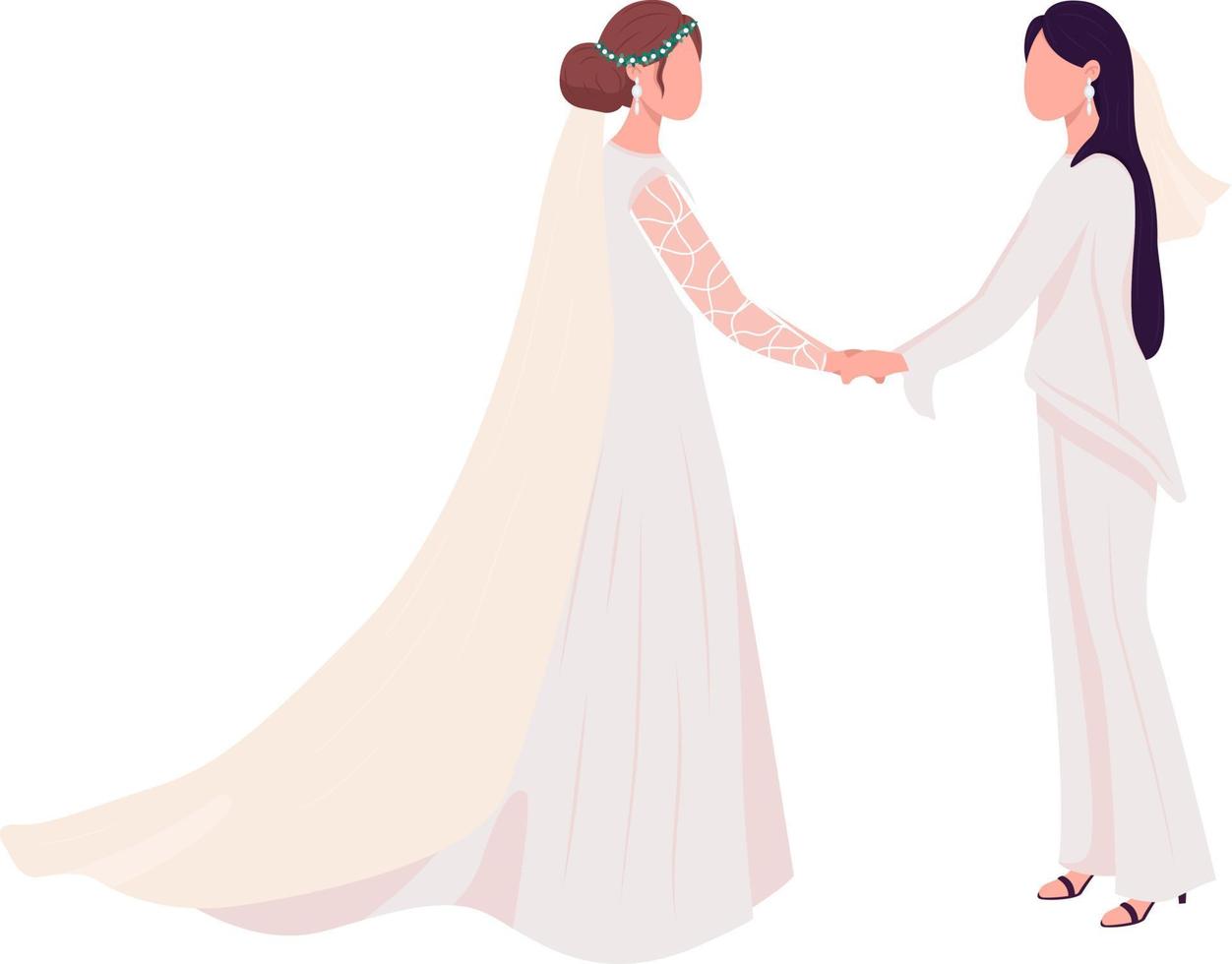 novias tomados de la mano personajes vectoriales de color semi plano vector