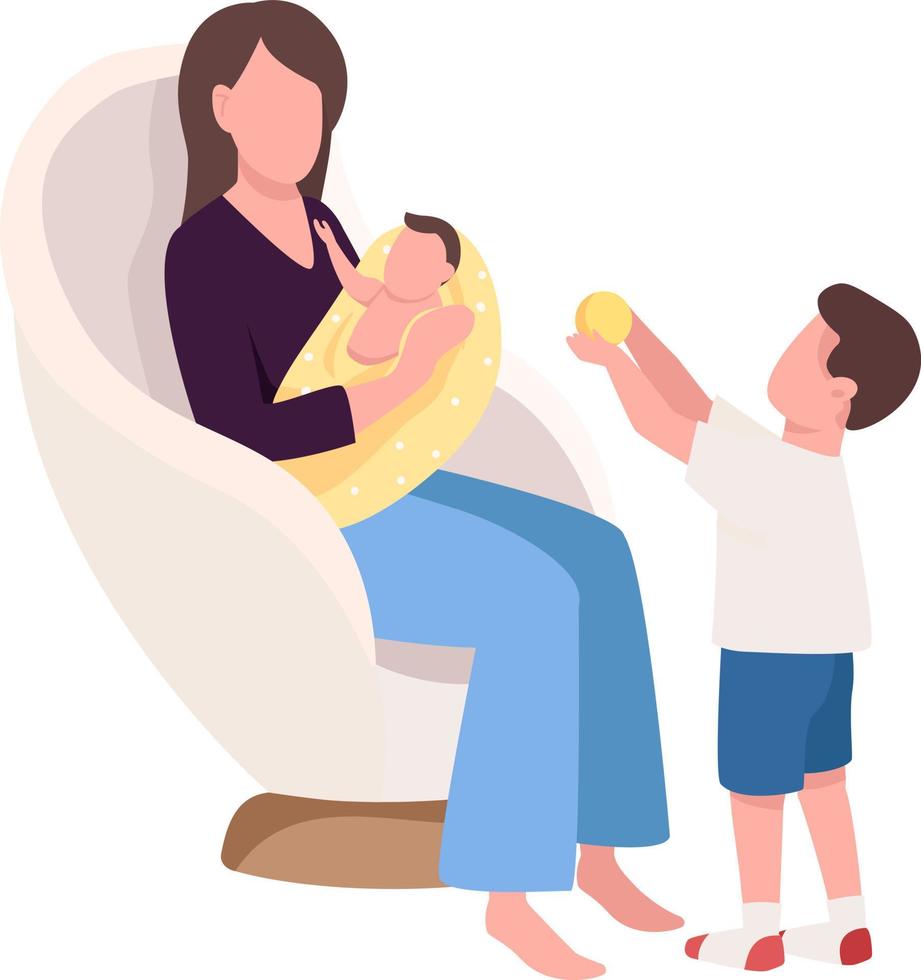 Mom with kids at home semi flat color vector characters