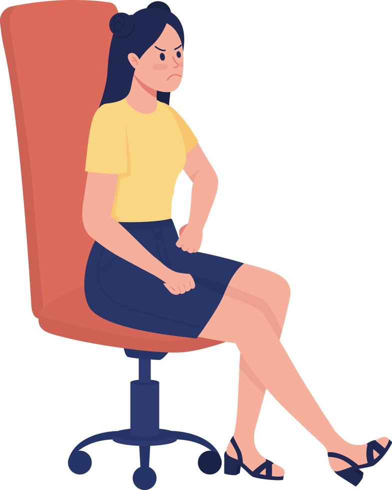 Displeased girl sitting in chair semi flat color vector character