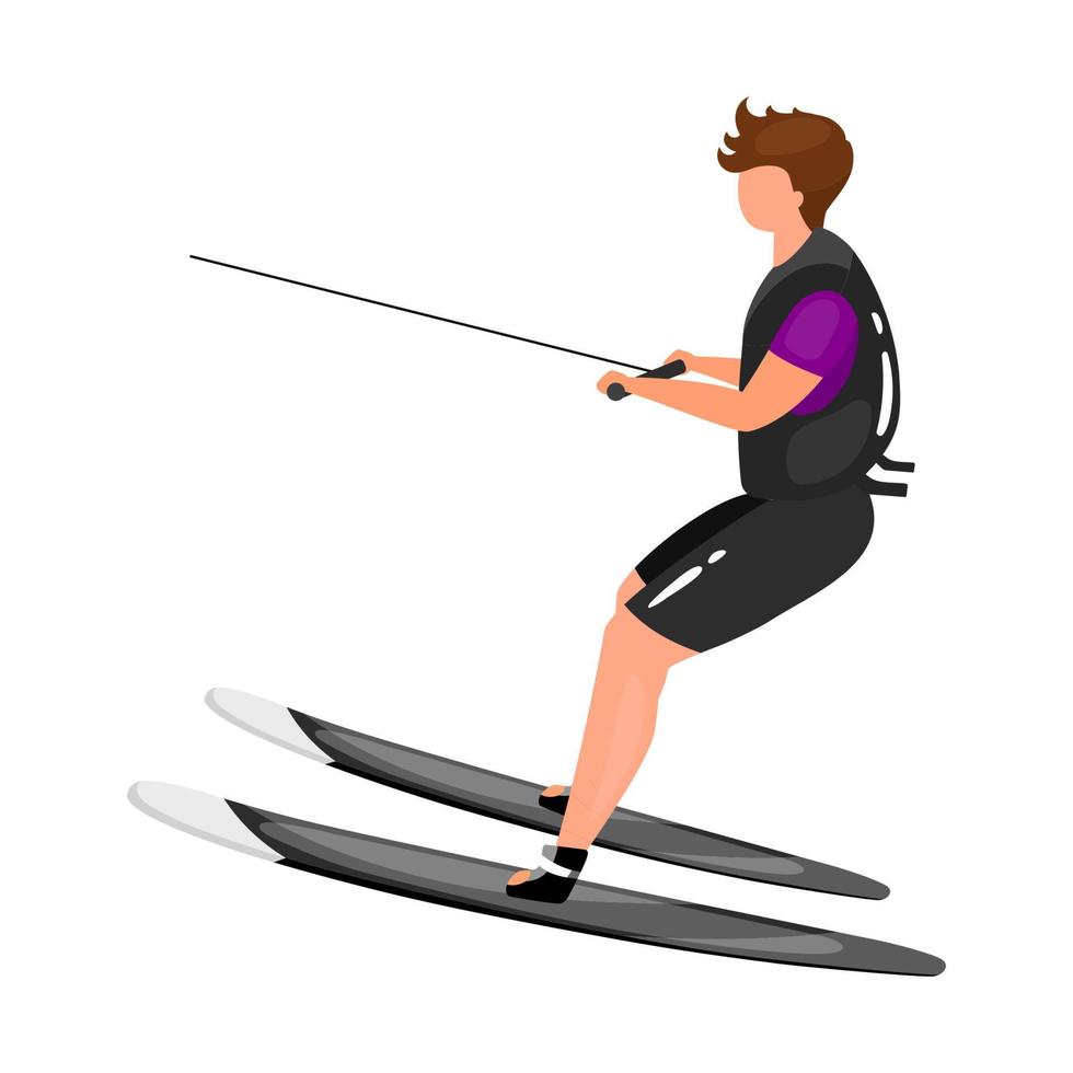 Waterskiing flat vector illustration. Extreme sports experience. Active lifestyle. Summer outdoor fun activities. Sportsman balancing on skis isolated cartoon character on white background