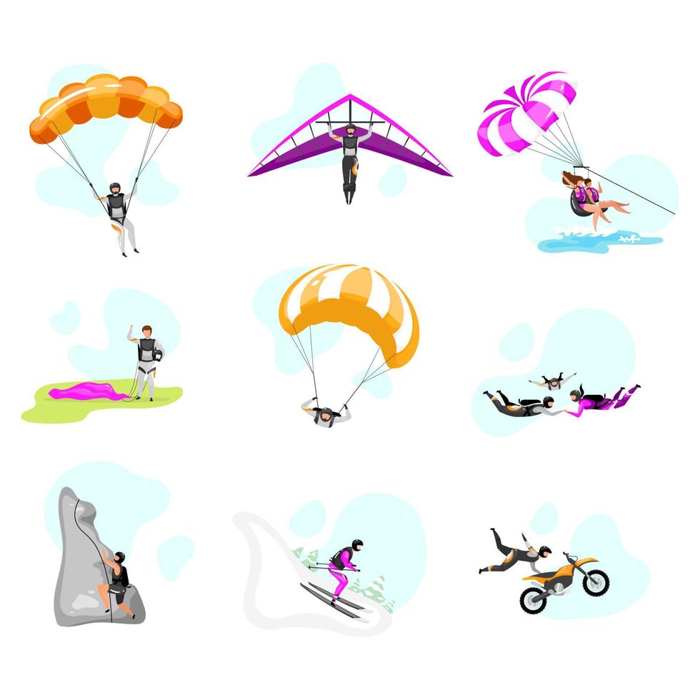 Extreme sport flat vector illustrations set. Couple paragliding, skydiving. Parachuting, hang gliding, skiing. Rock climbing. Motorcycle stunts. Sports people isolated cartoon characters