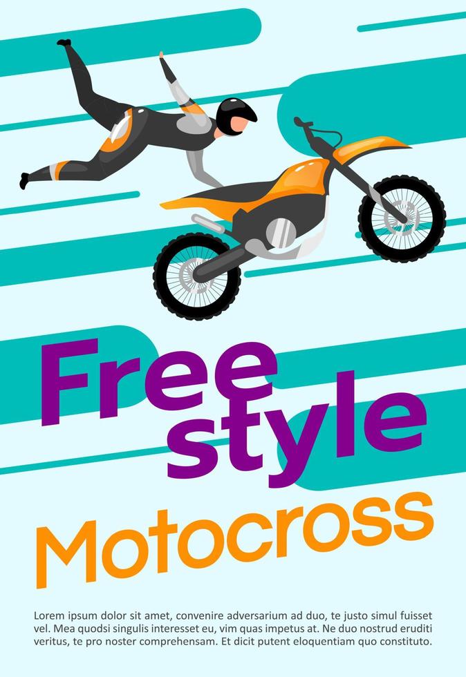 Freestyle motocross poster vector template. Extreme sport. Brochure, cover, booklet page concept design with flat illustrations. Motorcycle stunts. Advertising flyer, leaflet, banner layout idea