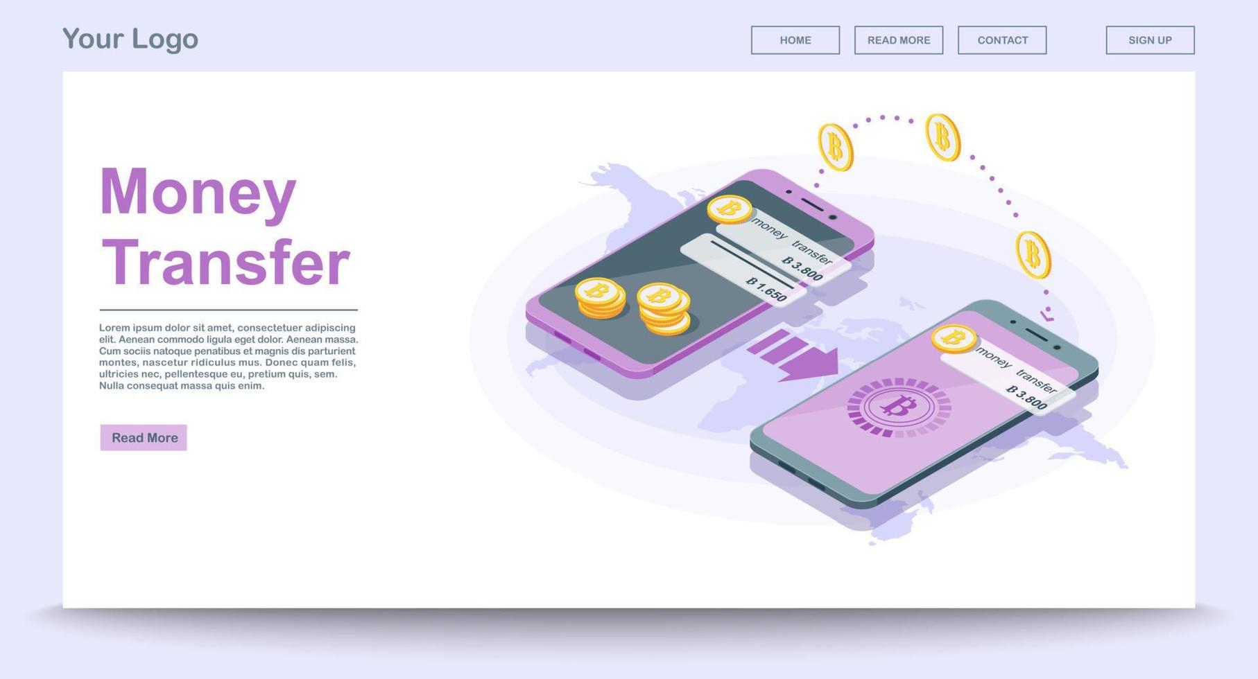Global money transfer web page vector template with isometric il