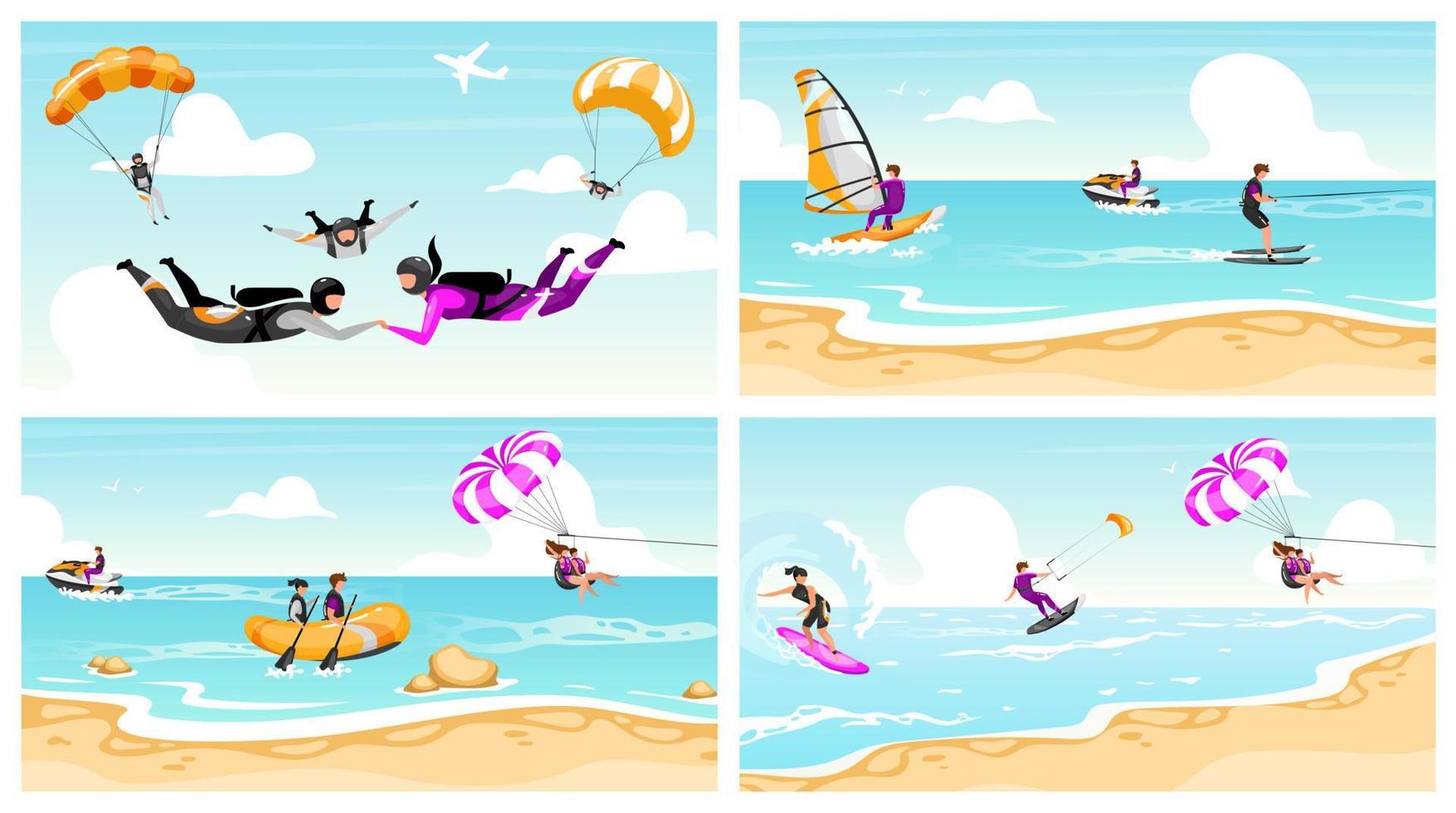 Conjunto de ilustraciones vectoriales planas de deportes extremos. pareja de paracaidismo, surf, paracaidismo. actividades divertidas en la playa. windsurf en el océano. vacaciones de verano. actividades acuáticas al aire libre. personajes de dibujos animados de extremals vector