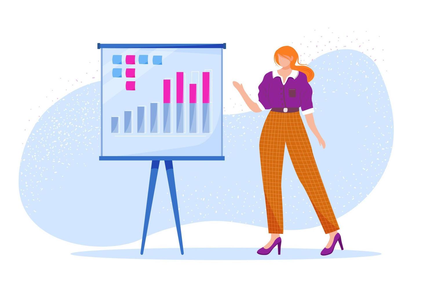 Business presentation flat vector illustration. Office worker presenting annual report. Employee speaking about company performance statistics. Faceless cartoon character on white and blue background