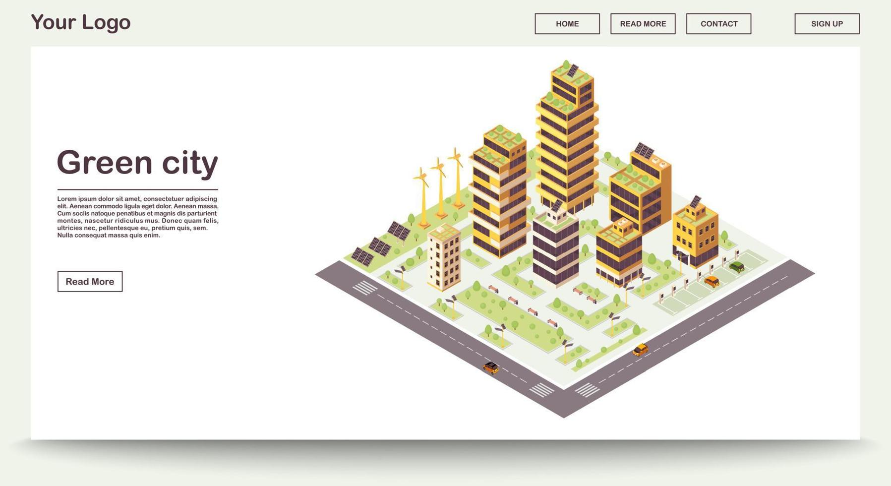 Green city webpage vector template with isometric illustration