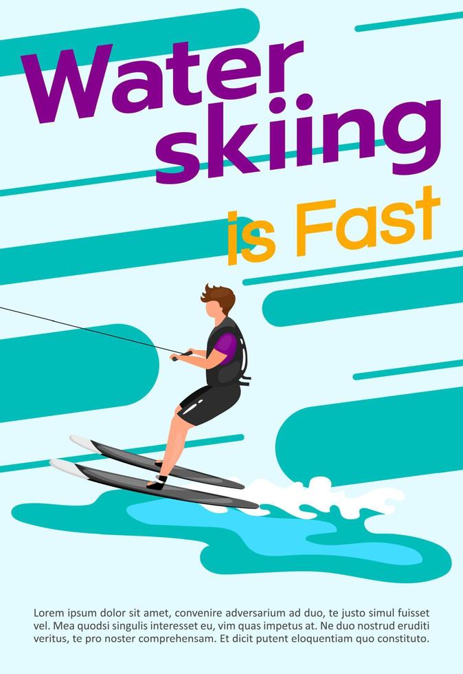 El esquí acuático es una plantilla de vector de cartel rápido. deporte acuático. folleto, portada, diseño de concepto de página de folleto con ilustraciones planas. deporte extremo. folleto publicitario, folleto, idea de diseño de banner.