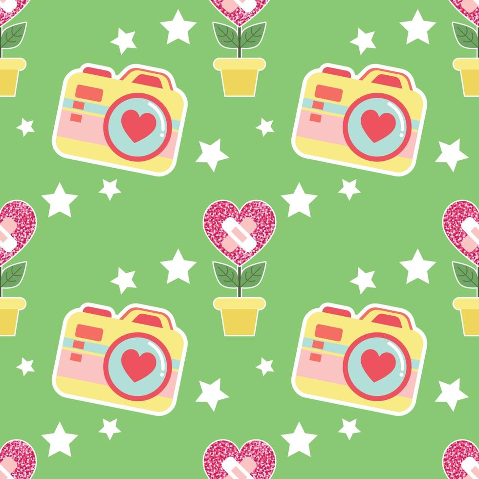 glitter heart and camera sweet valentines seamless pattern design vector