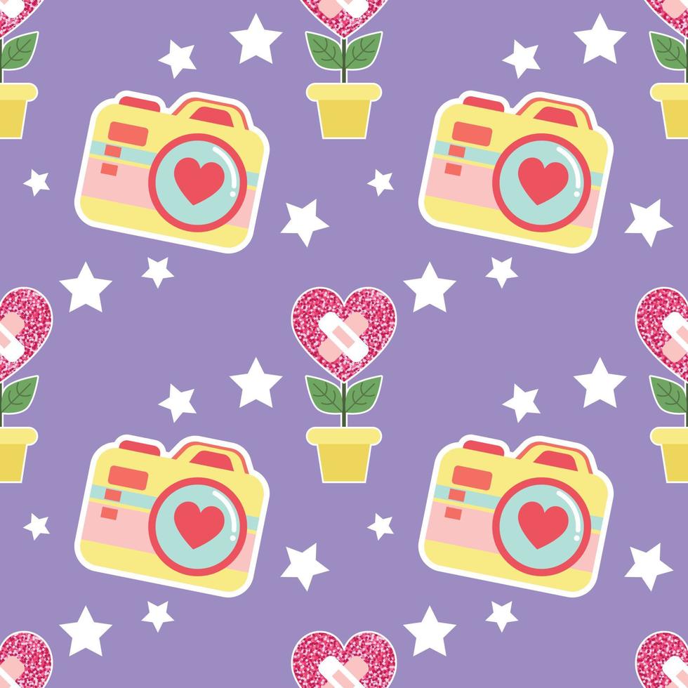 sweet valentines seamless pattern design glitter heart and camera vector