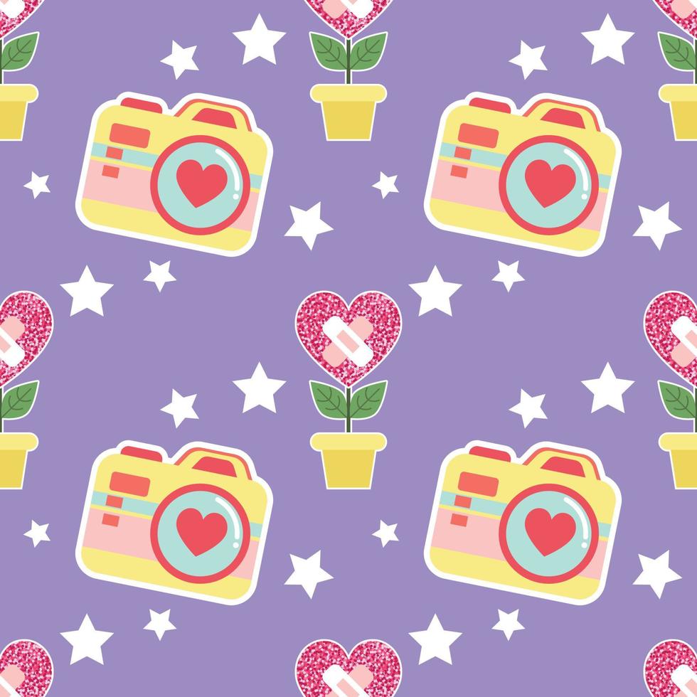 sweet valentines seamless pattern design glitter heart and camera vector