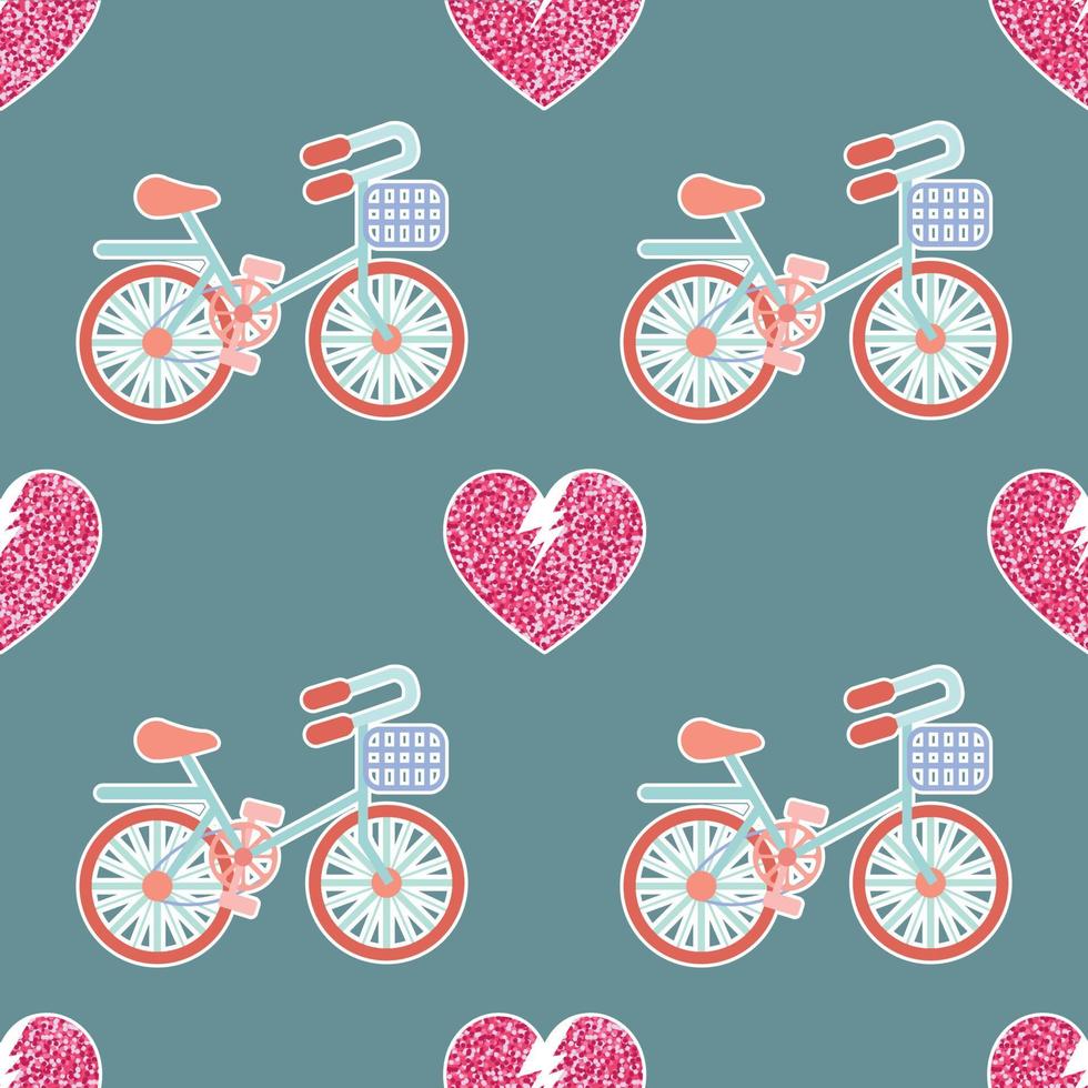 sweet valentines seamless pattern glitter heart and bicycle design vector