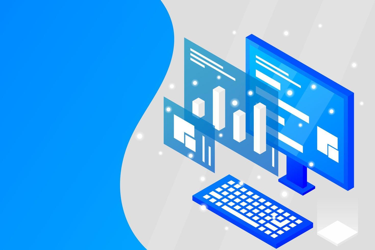 análisis de datos en diseño vectorial isométrico. técnico en el fondo de la sala del centro de datos o del centro de datos. diseño de sitio web de infraestructura de mainframe de red vector