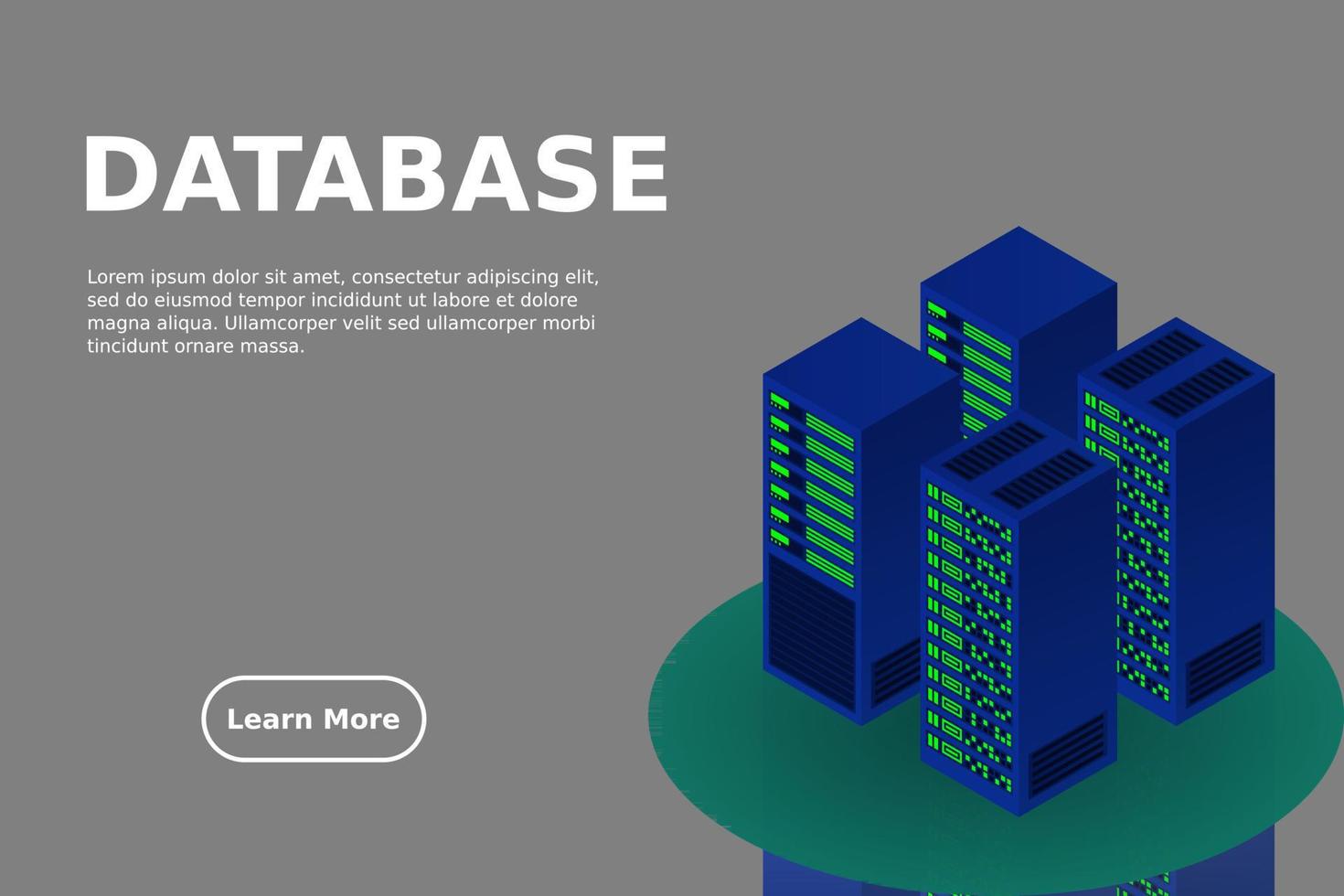 sala de servidores isométrica, datos de almacenamiento en la nube, centro de datos, procesamiento de big data y tecnología informática vector