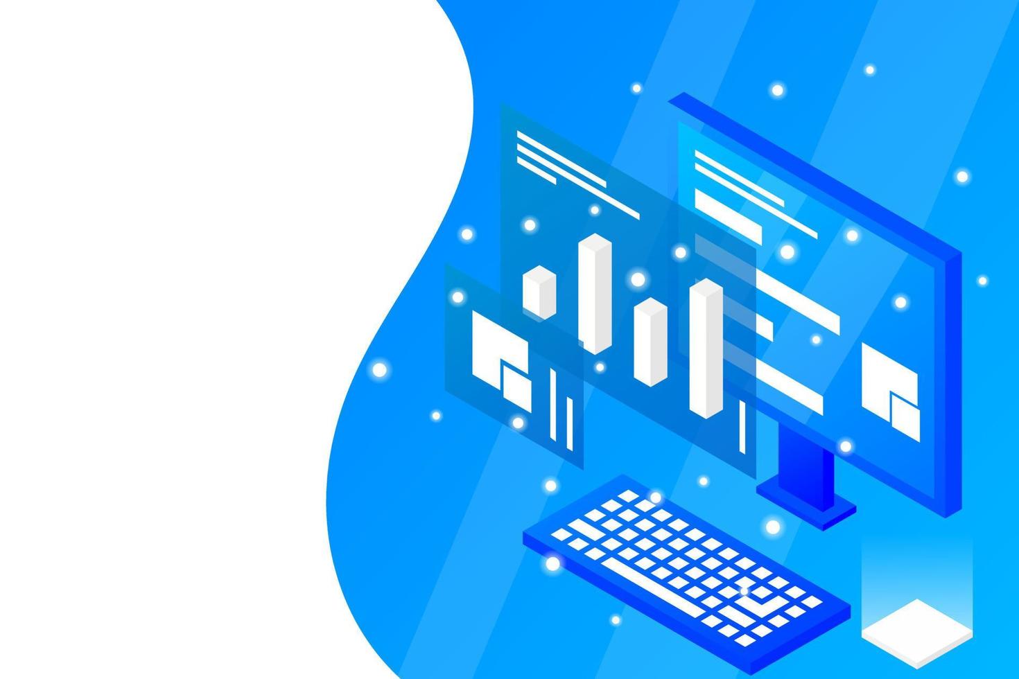 análisis de datos en diseño vectorial isométrico. técnico en el fondo de la sala del centro de datos o del centro de datos. diseño de sitio web de infraestructura de mainframe de red vector