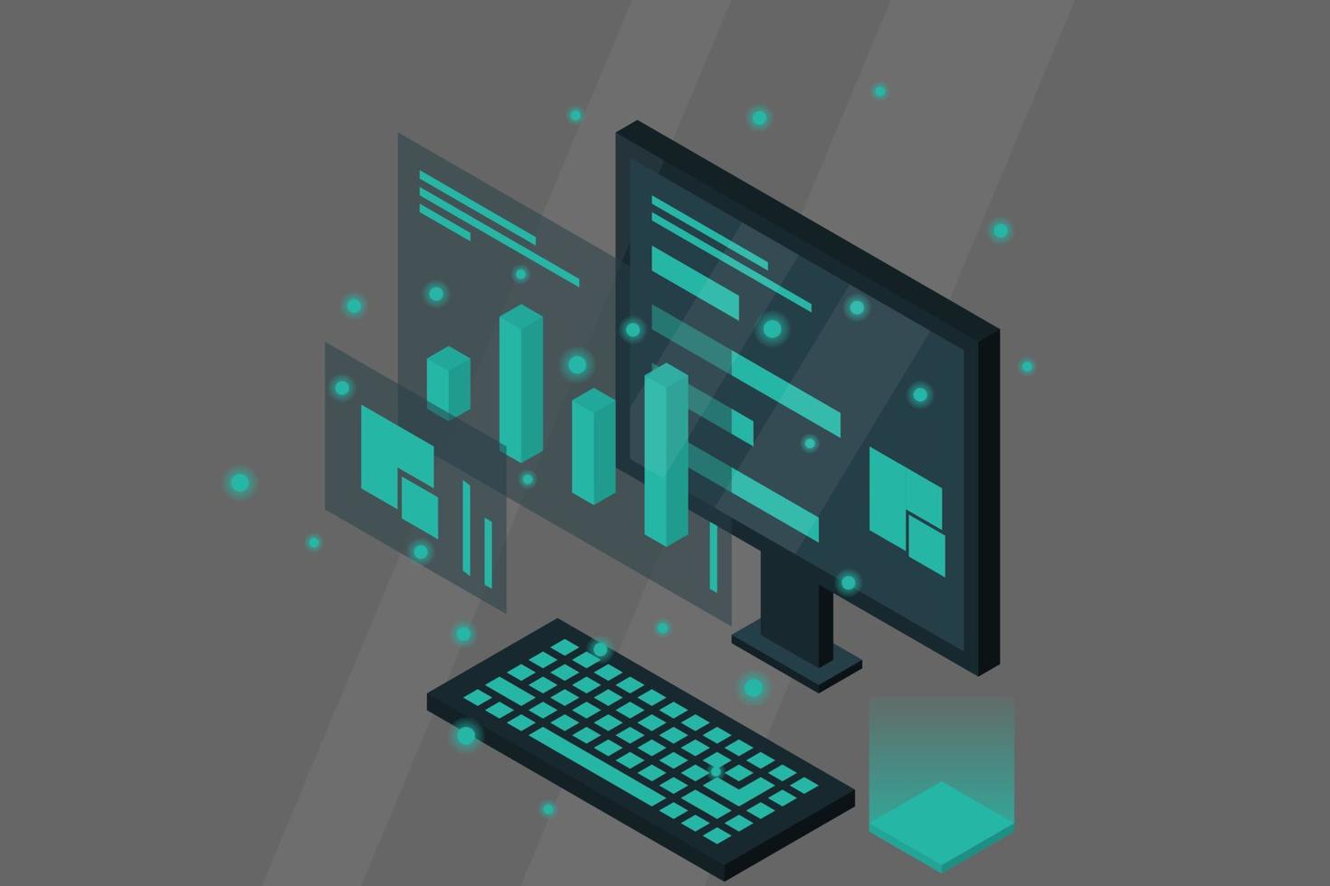 Data analysis in isometric vector design. Technician in datacenter or data center room background. Network mainframe infrastructure website layout