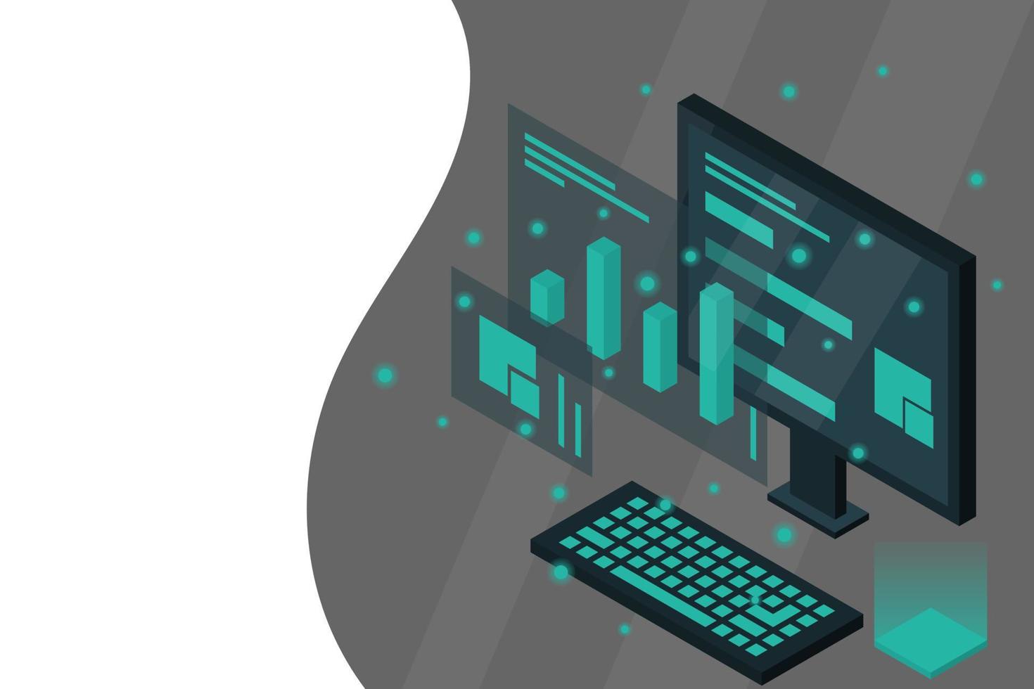 Data analysis in isometric vector design. Technician in datacenter or data center room background. Network mainframe infrastructure website layout