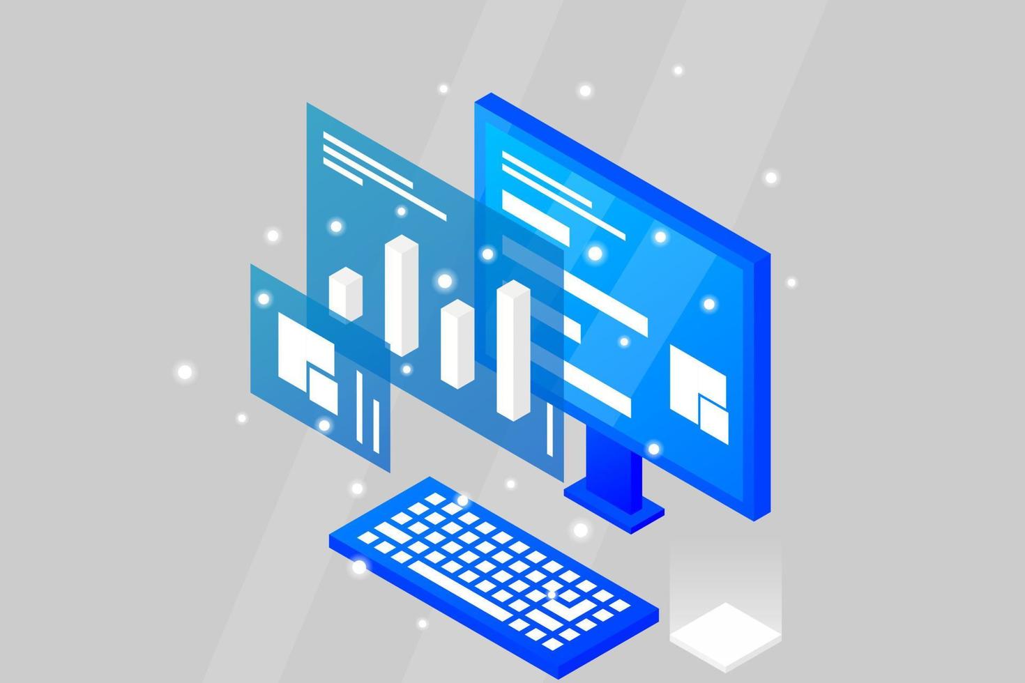 Data analysis in isometric vector design. Technician in datacenter or data center room background. Network mainframe infrastructure website layout