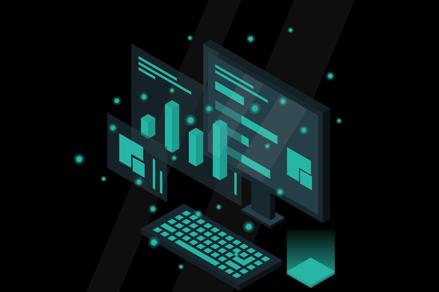 Data analysis in isometric vector design. Technician in datacenter or data center room background. Network mainframe infrastructure website layout
