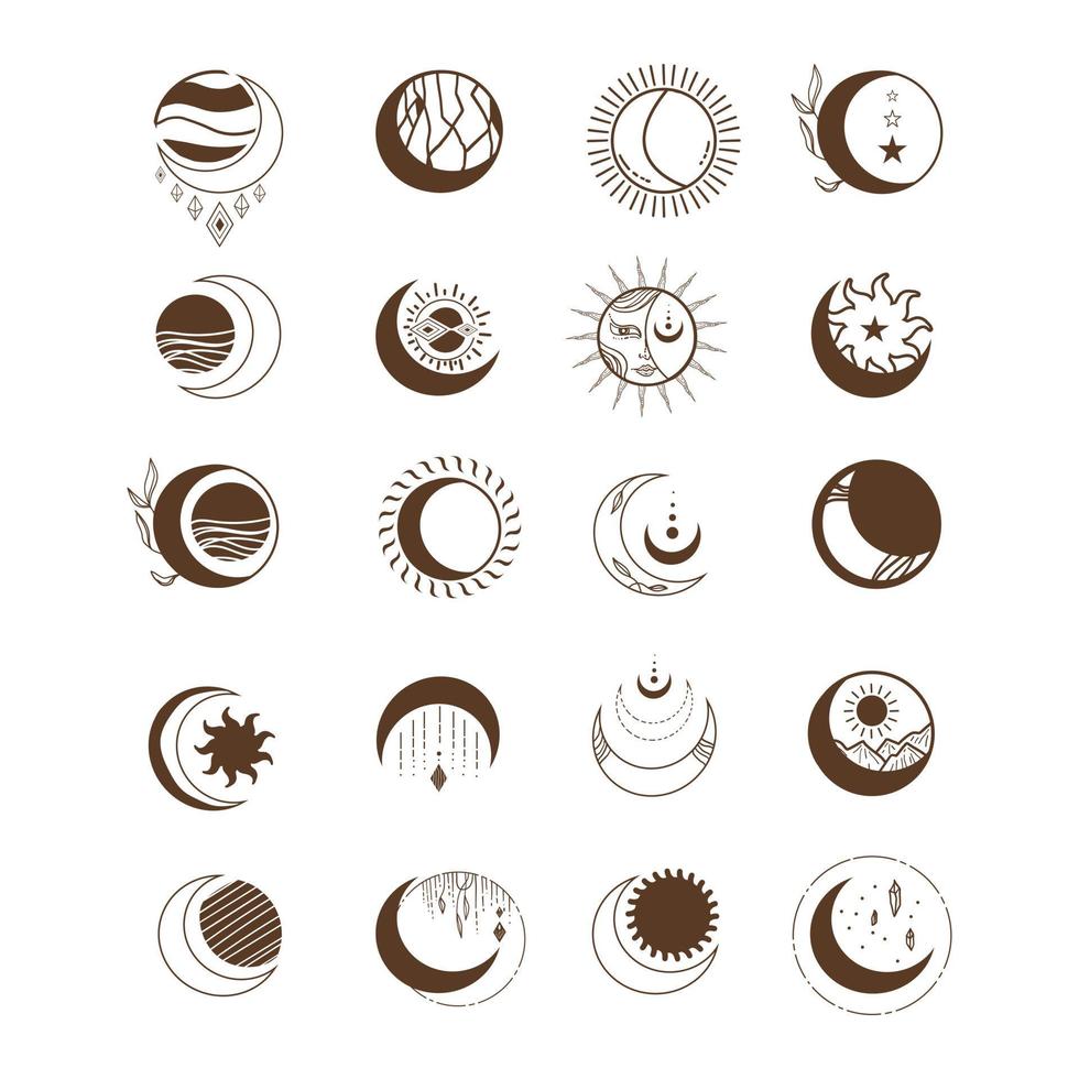 colección de luna y sol dibujados a mano. símbolos, iconos y logotipos lineales bohemios. Ilustración de vector de arte de línea de diseño de logotipo de amanecer boho. varios elementos de diseño geométrico minimalista