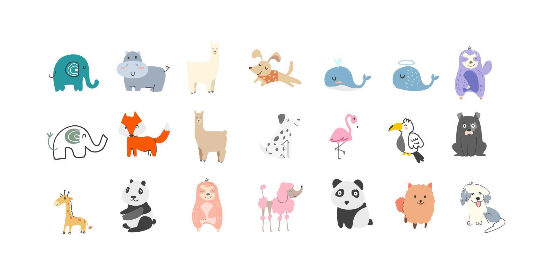 colección de animales lindos estilo dibujado a mano. encantador perro animal salvaje, elefante, jirafa, panda y coloridos elementos de vida salvaje kawaii vector
