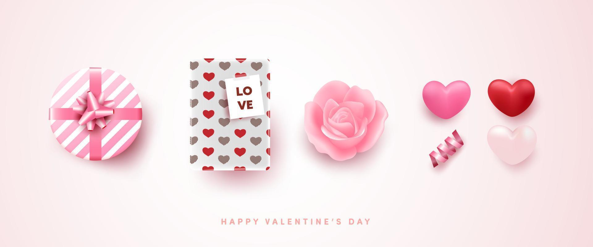 elementos dulces del día de San Valentín para el diseño de carteles, pancartas o tarjetas. objetos lindos 3d realistas para la madre, la mujer, el amor o el día de san valentín vector