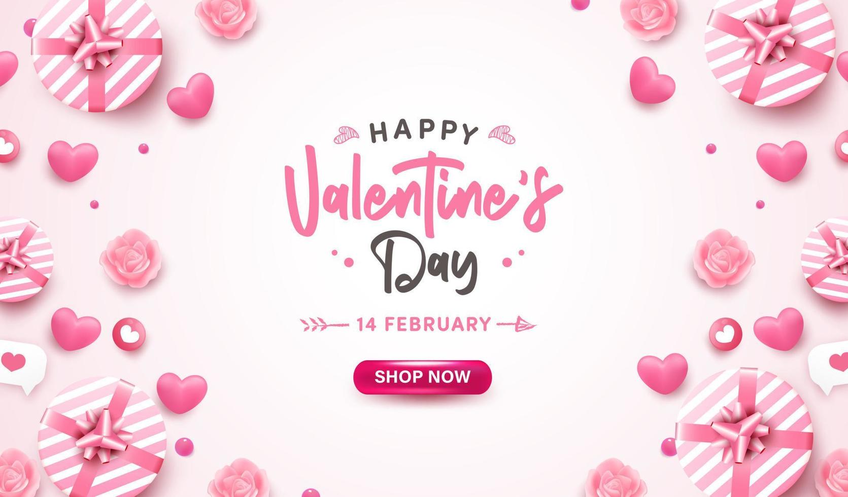 Feliz día de San Valentín banner o fondo con corazón rosa realista 3d, caja de regalo, discurso de burbuja en pastel. diseño de tarjeta de felicitación romántica con elementos encantadores vector