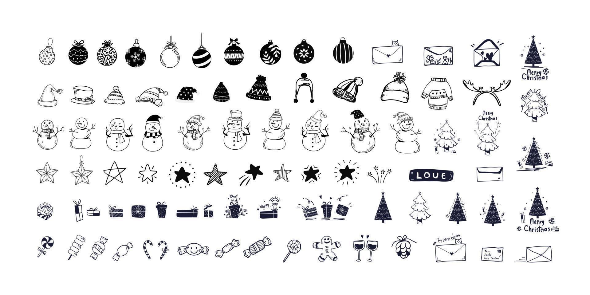 Christmas decoration set. Stars, balls, snowflakes, tree, snowman, gift boxes and cute elements. Hand drawn illustration vector