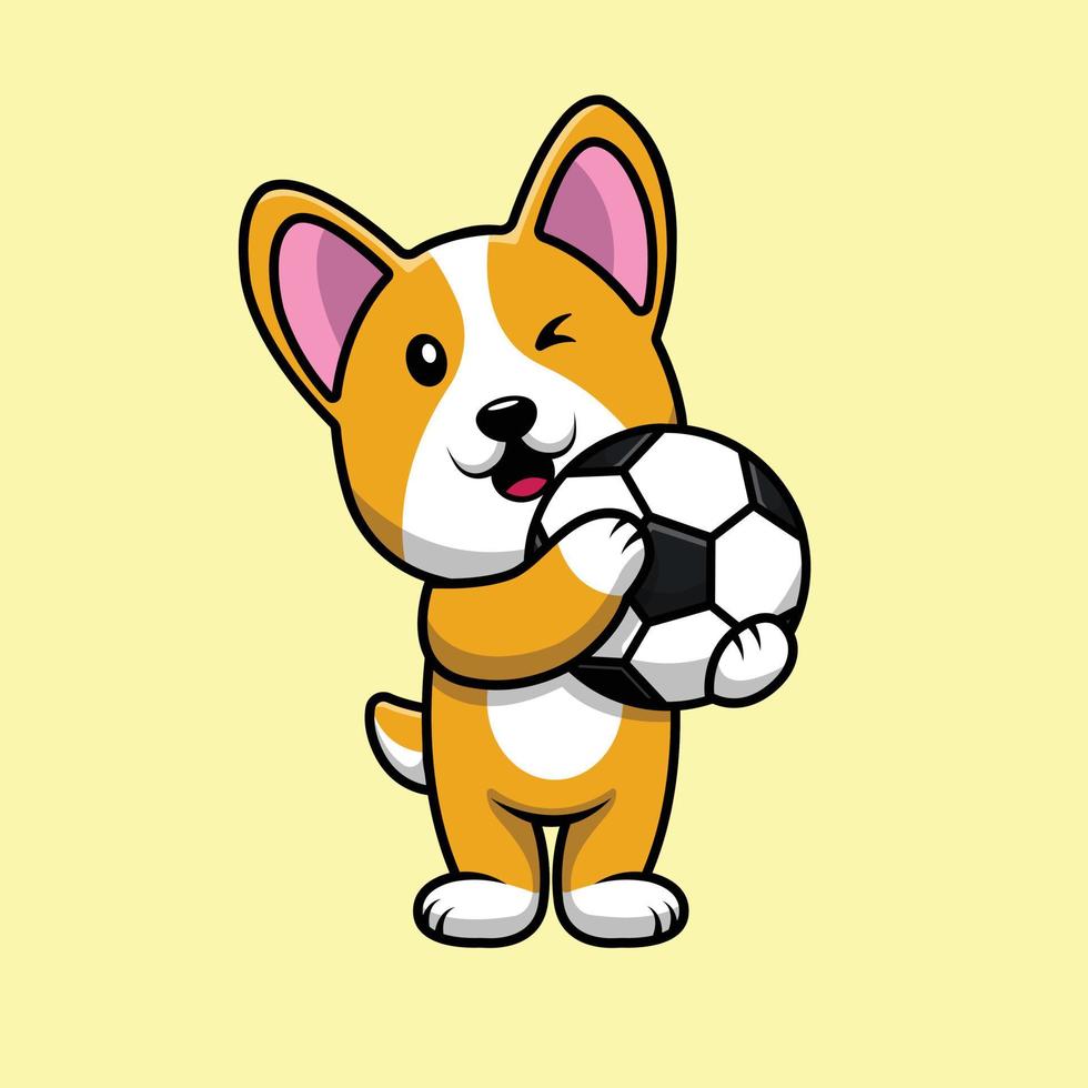 Lindo perro corgi con ilustración de icono de vector de dibujos animados de balón de fútbol.