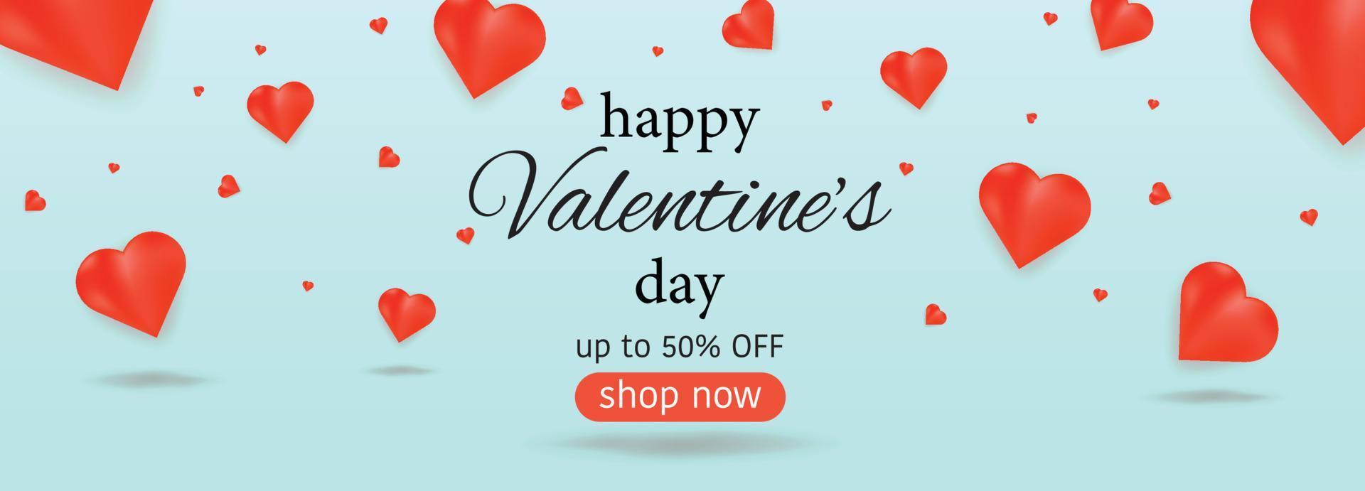 Happy Valentine's Day banner with red hearts on blue background. Template for banners, cards, advertisements, invitations. Vector banner.