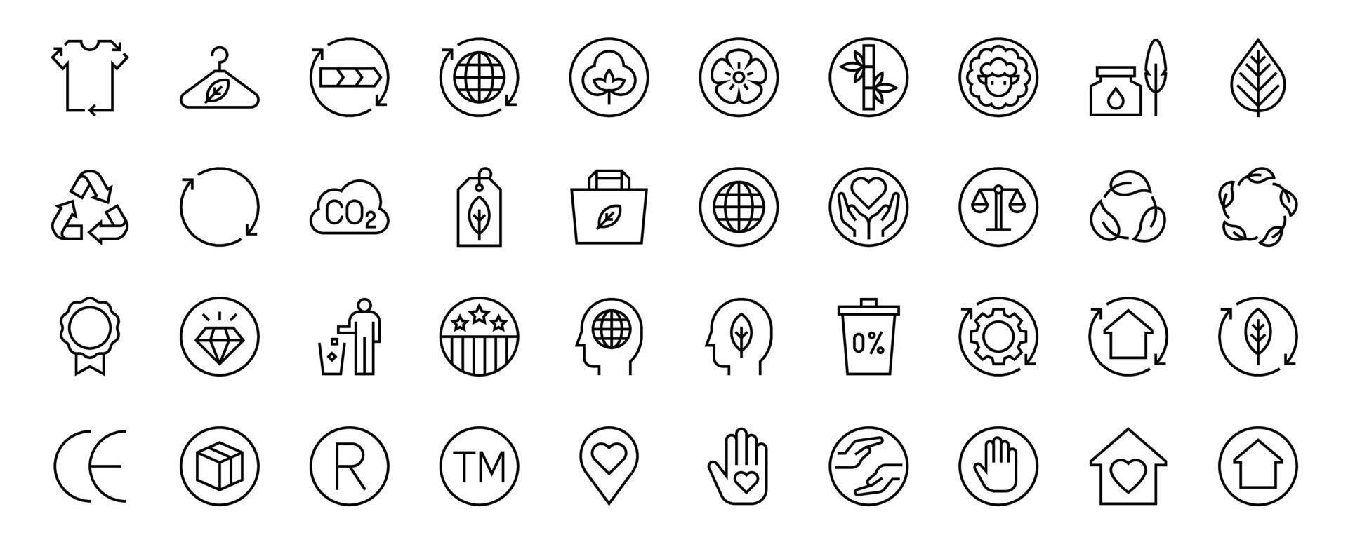 Slow fashion label line icon set, vector illustration