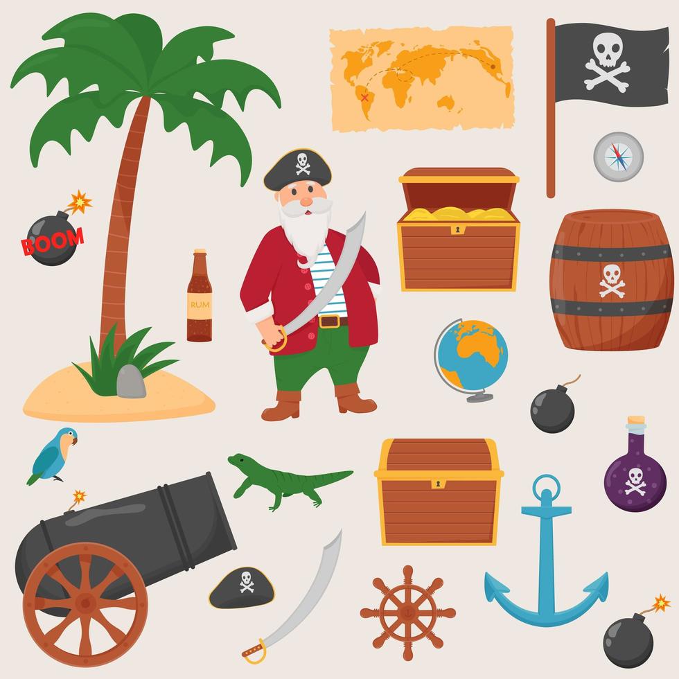 paquete pirata conjunto aislado sobre fondo blanco. paquete pirata, mapa del tesoro, ron, rueda de barco, ancla, barril, bomba vector