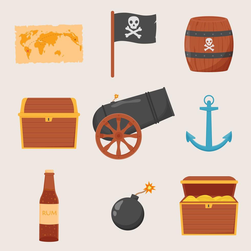 paquete pirata conjunto aislado sobre fondo blanco. paquete pirata, mapa del tesoro, ron, rueda de barco, ancla, barril, bomba vector